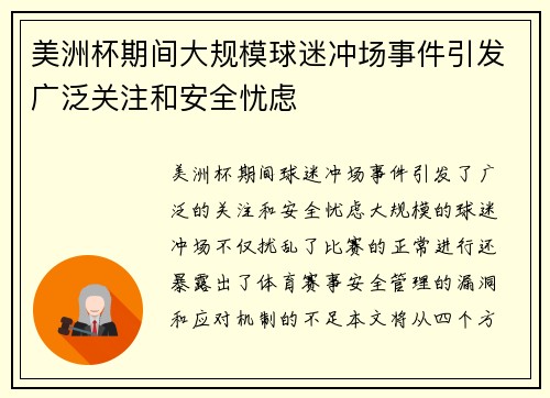 美洲杯期间大规模球迷冲场事件引发广泛关注和安全忧虑 美洲杯期间大规模球迷冲场事件引发广泛关注和安全忧虑