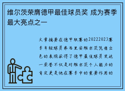 维尔茨荣膺德甲最佳球员奖 成为赛季最大亮点之一